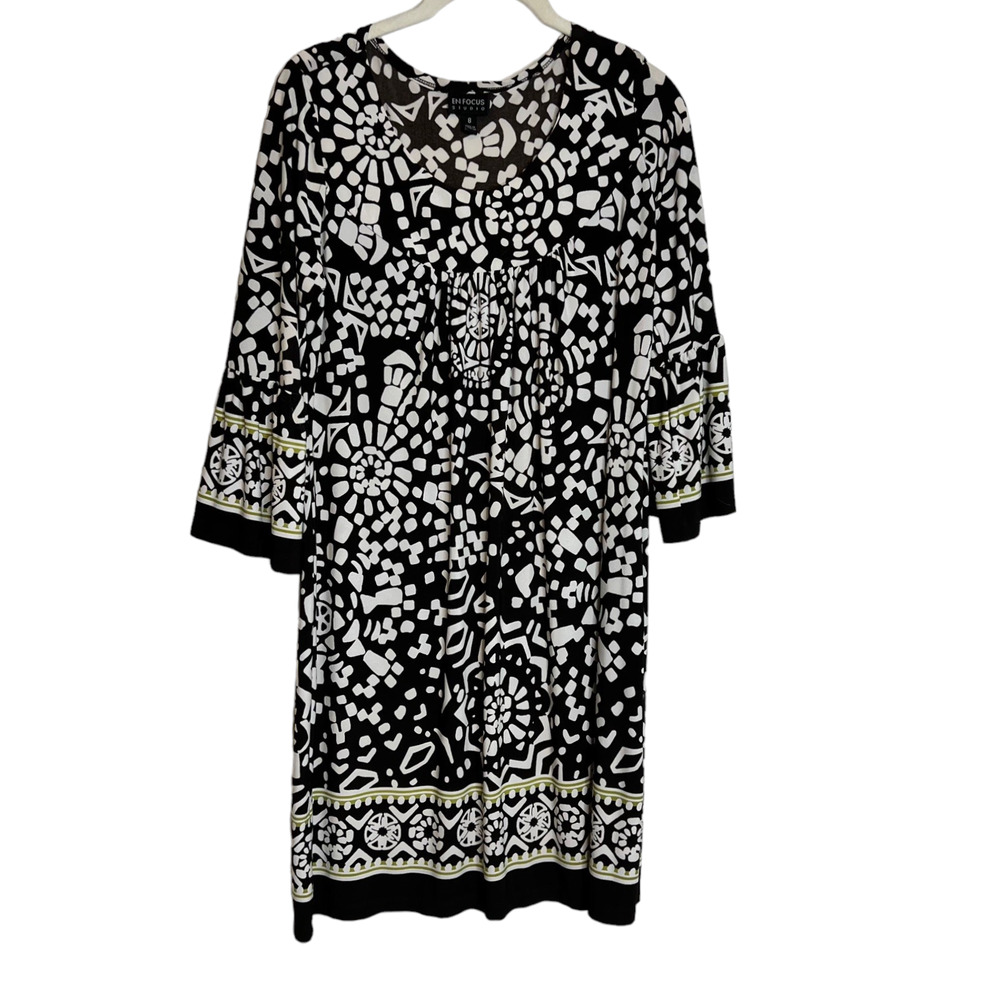 En Focus Studio Womens Shift Dress Size 8 Brown White Retro Mod Print 60s 70s